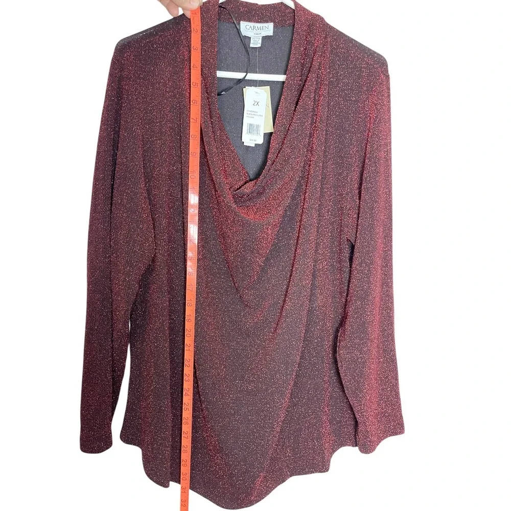 Carmen Marc Valvo 2X Red Black Lurex Cowl Neck Top Shimmer Holiday Glam Blouse - Picture 3 of 8